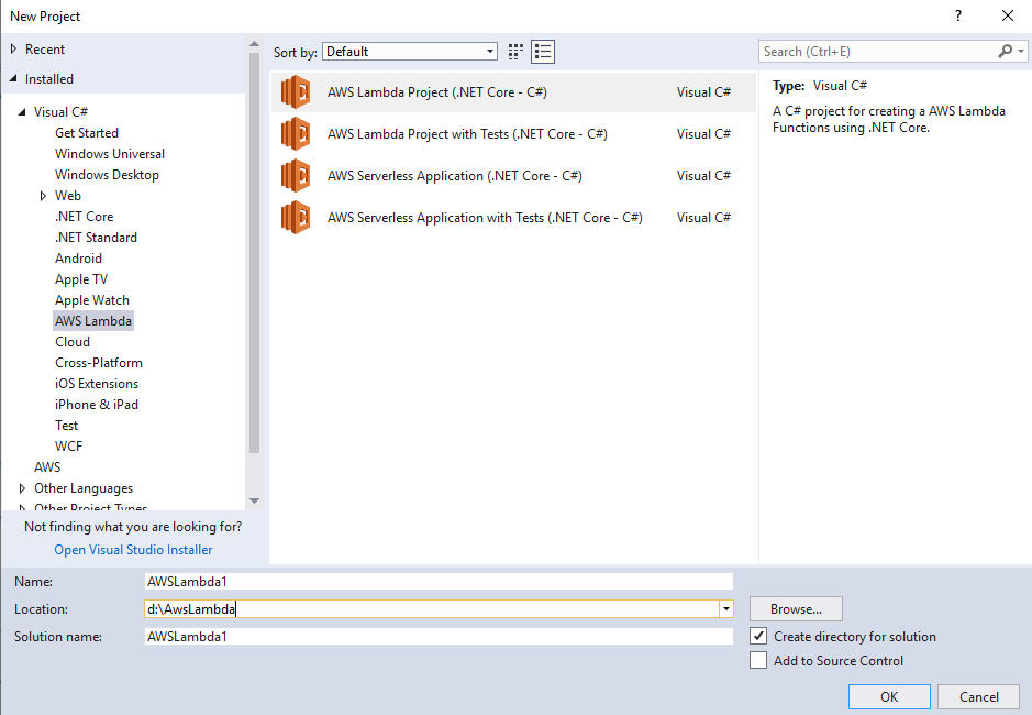 Создать AWS Lambda проекта в Visual Studio