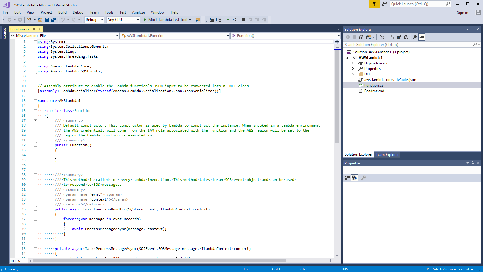 Открыть код по умолчанию AWS Lambda функции в Visual Studio