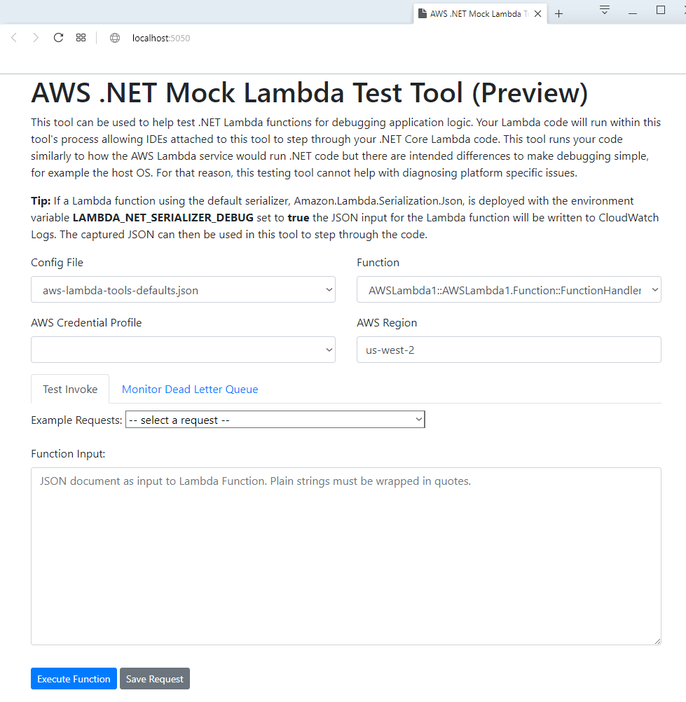 AWS Lambda функция запущена в AWS .NET Mock Lambda Test Tool
