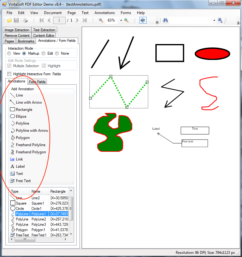 Аннотирование PDF документа в VintaSoft PDF Editor Demo