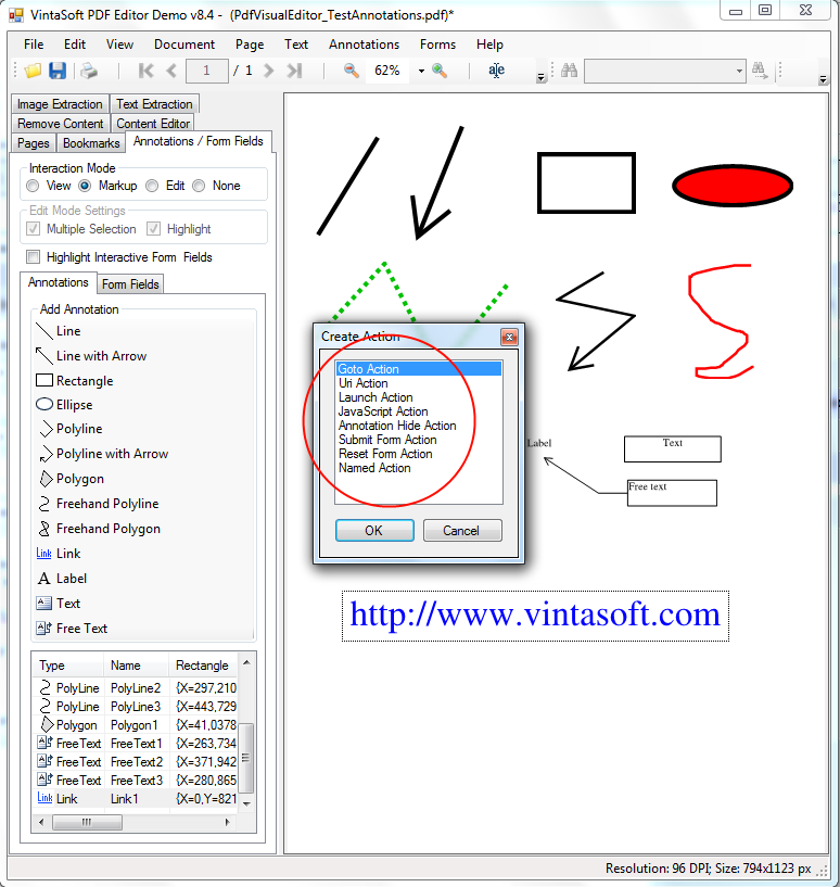 Определение действия при нажатии мыши на PDF аннотации-ссылке в VintaSoft PDF Editor Demo