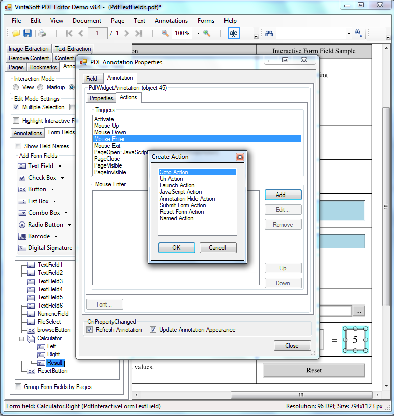 Изменение действия для триггера PDF интерактивного поля в VintaSoft PDF Editor Demo