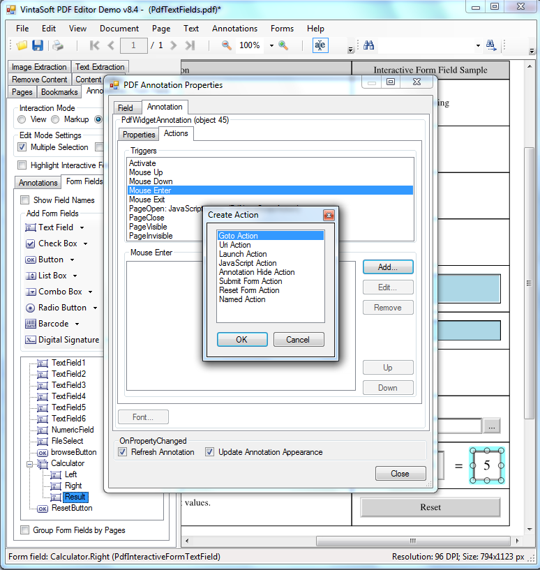 Изменение действия для триггера PDF интерактивного поля в VintaSoft PDF Editor Demo Изменение действия для триггера PDF интерактивного поля в VintaSoft PDF Editor Demo