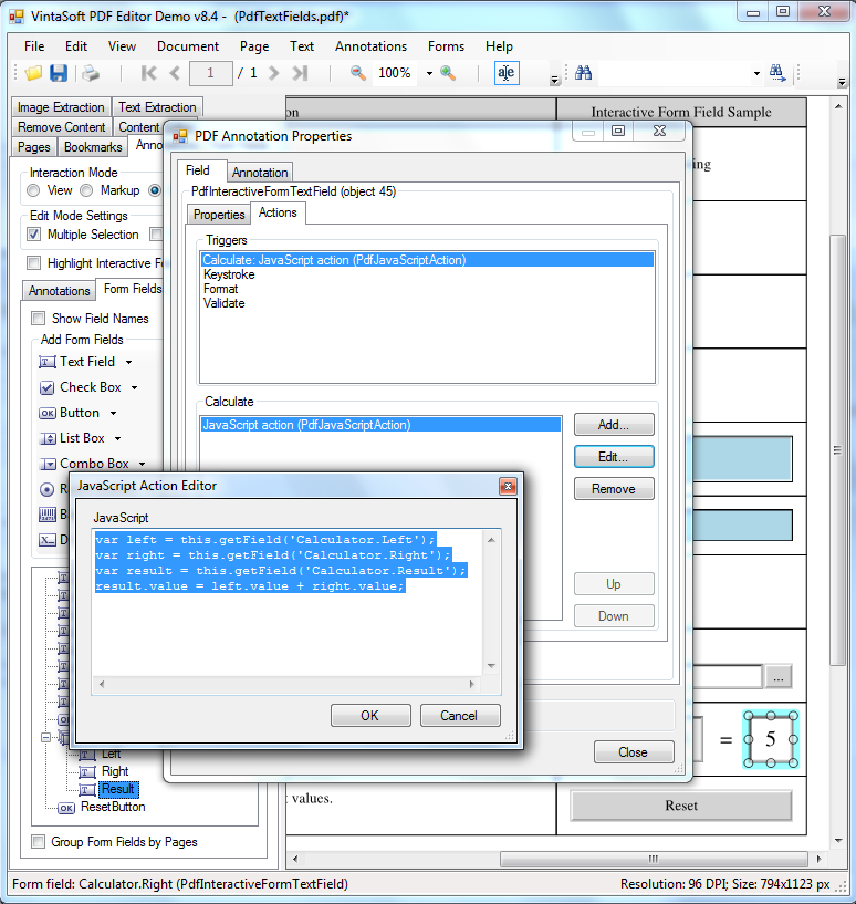 Изменение JavaScript действия для триггера PDF интерактивного поля в VintaSoft PDF Editor Demo