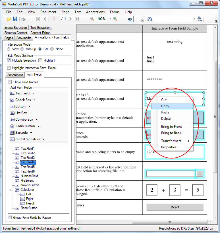 Создание, копирование или удаление PDF интерактивных полей в VintaSoft PDF Editor Demo