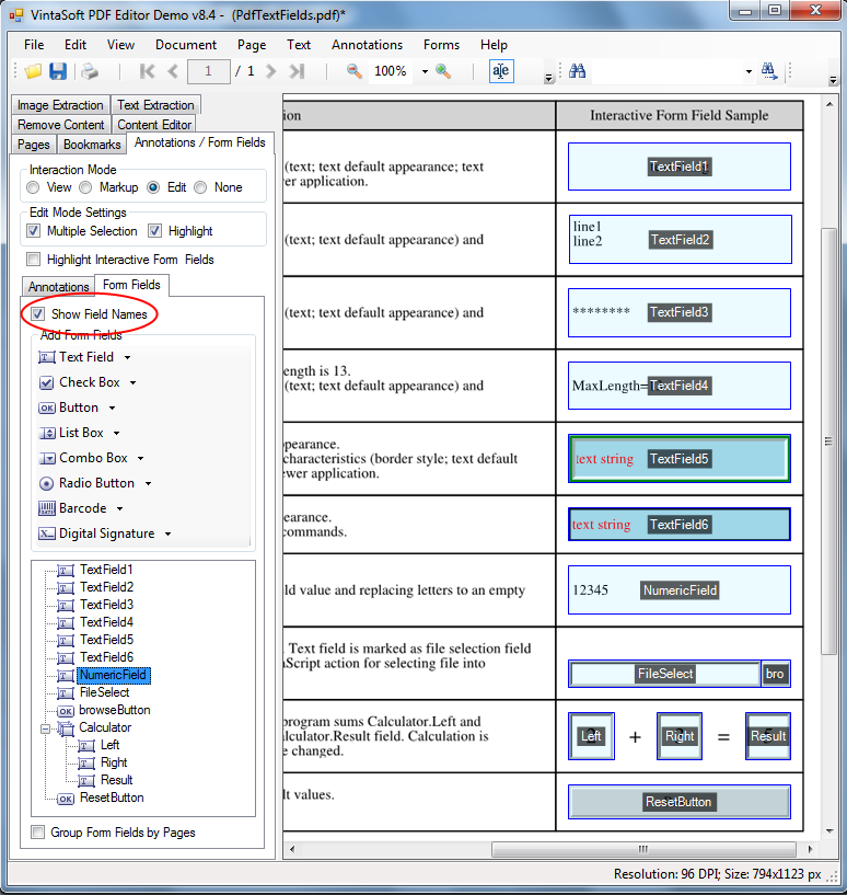 Отображение имени поля поверх PDF интерактивного поля в VintaSoft PDF Editor Demo