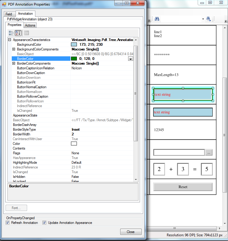 Редактирование свойств внешнего вида PDF интерактивного поля в VintaSoft PDF Editor Demo