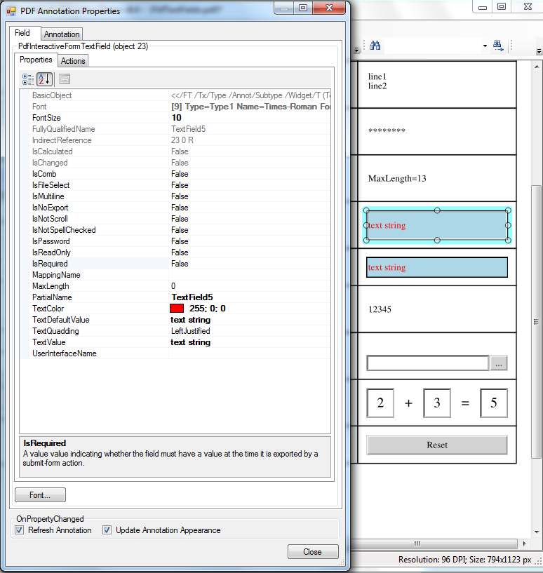 Редактирование свойств PDF интерактивного поля в VintaSoft PDF Editor Demo