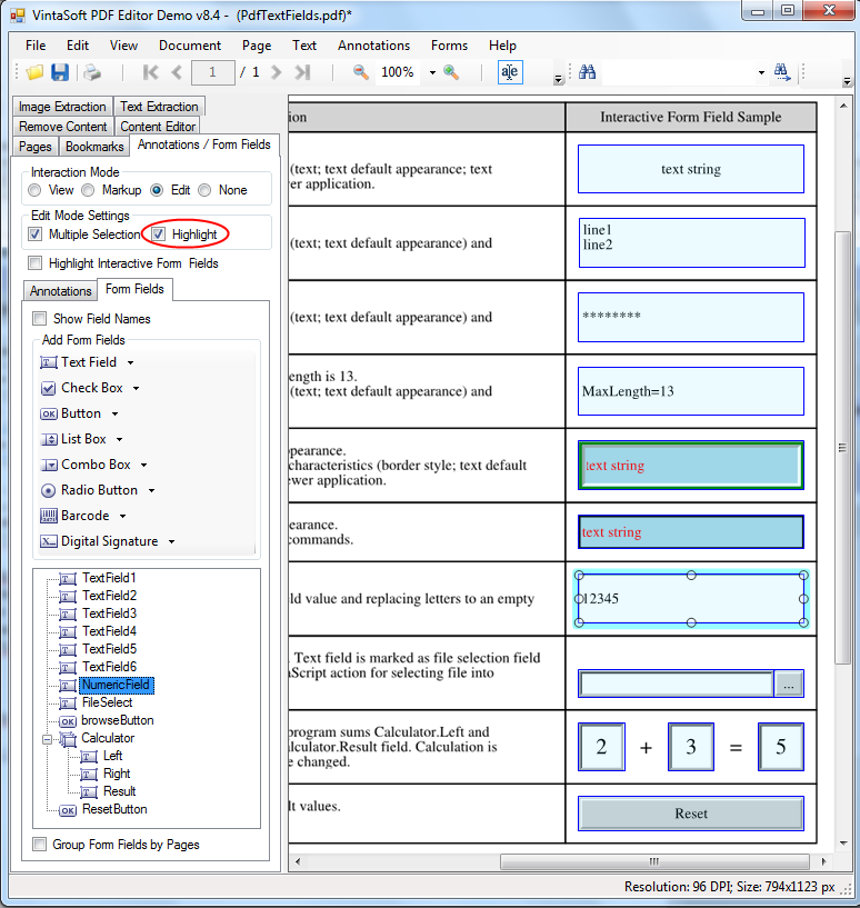 Подсветка PDF интерактивных полей в режиме Edit в VintaSoft PDF Editor Demo