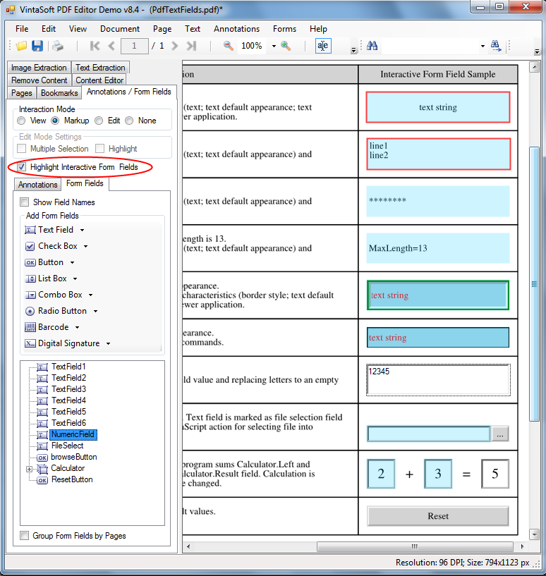 Подсветка PDF интерактивных полей в VintaSoft PDF Editor Demo