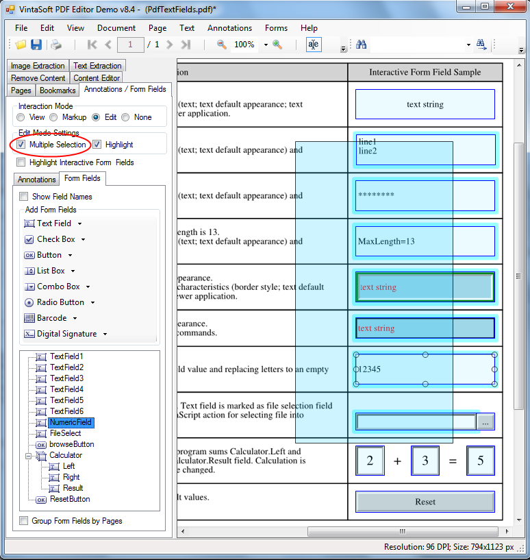 Перемещение, копирование или удаление нескольких PDF аннотаций в VintaSoft PDF Editor Demo