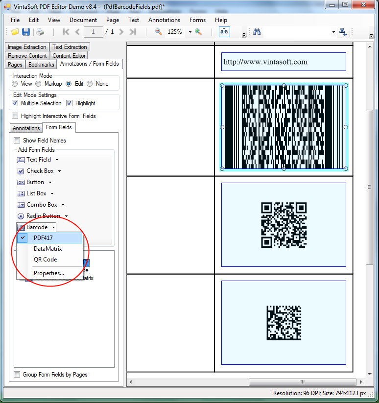 Использование PDF интерактивных полей с штрих-кодами QR Code, DataMatrix, PDF417 в VintaSoft PDF Editor Demo
