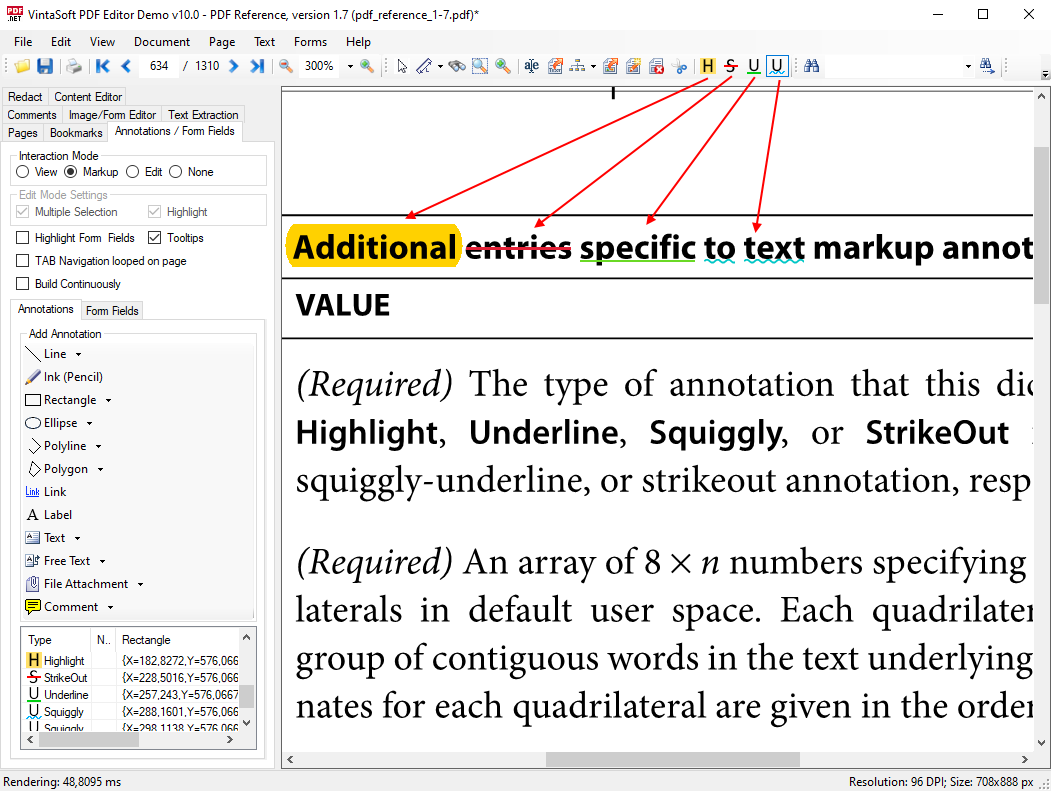 Vintasoft PDF Editor Demo: Выделение и маркировка текста на PDF странице с помощью панели инструментов